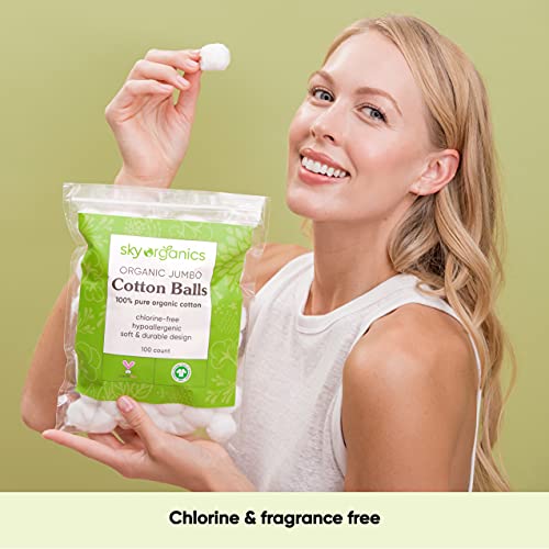 Sky Organics Organic Jumbo Baumwollbälle für empfindliche Haut, 100% reine GOTS zertifizierte Bio für Schönheit & Körperpflege, 300 ct.
