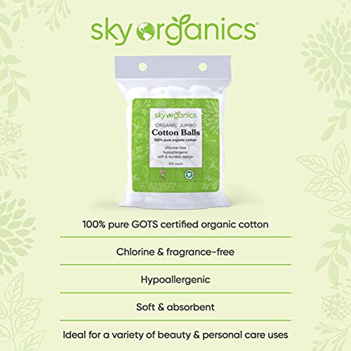 Sky Organics Organic Jumbo Baumwollbälle für empfindliche Haut, 100% reine GOTS zertifizierte Bio für Schönheit & Körperpflege, 300 ct.