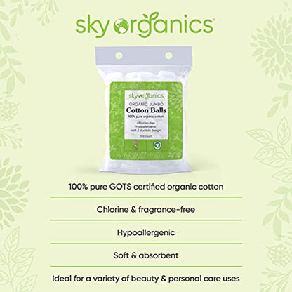 Sky Organics Organic Jumbo Baumwollbälle für empfindliche Haut, 100% reine GOTS zertifizierte Bio für Schönheit & Körperpflege, 300 ct.