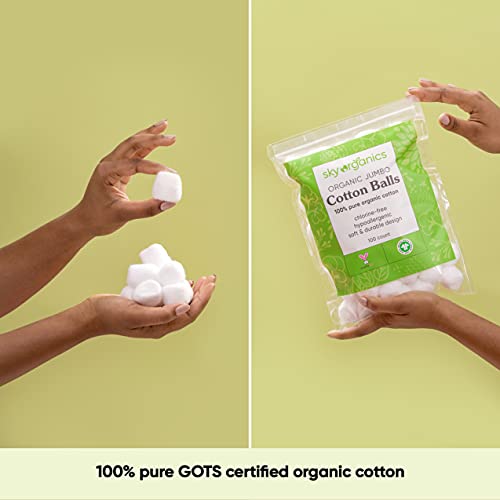 Sky Organics Organic Jumbo Baumwollbälle für empfindliche Haut, 100% reine GOTS zertifizierte Bio für Schönheit & Körperpflege, 300 ct.