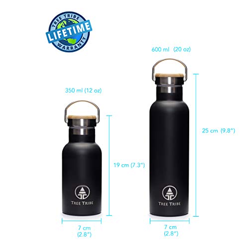Baumstamm Schwarze Edelstahlflasche 567 g - Unzerstörbar, BPA-frei, 100% lecksicher, umweltfreundlich, Doppelwand isolierte Technologie für heiße und kalte Getränke, breiter Mund, Bambuskappe