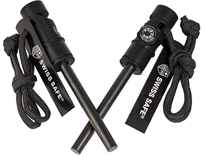 Swiss Safe 5-in-1 Fire Starter mit Kompass, Paracord und Pfeife (2-Pack) für Notfall-Überlebens-Kits, Camping, Wandern, Allwetter-Magnesium-Ferro-Rod (Schwarz)