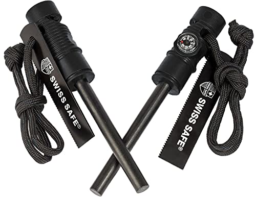Swiss Safe 5-in-1 Fire Starter mit Kompass, Paracord und Pfeife (2-Pack) für Notfall-Überlebens-Kits, Camping, Wandern, Allwetter-Magnesium-Ferro-Rod (Schwarz)