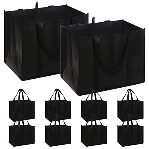 Set von 10 wiederverwendbaren Lebensmittelbeuteln Extra große faltbare schwere Duty Shopping Tote produzieren Tasche mit verstärkten Griffen, schwarz