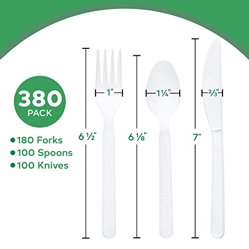Baumpflege kompostierbares Besteck-Set - 380 Value Pack [180 Gabeln, 100 Löffel, 100 Messer] - Pflanzen Sie einen Baum mit jeder Box - Eco Friendly Compostable Utensils-BPI Certified Plant-Based Einweg-Silberwaren