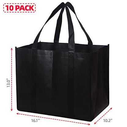 Set von 10 wiederverwendbaren Lebensmittelbeuteln Extra große faltbare schwere Duty Shopping Tote produzieren Tasche mit verstärkten Griffen, schwarz