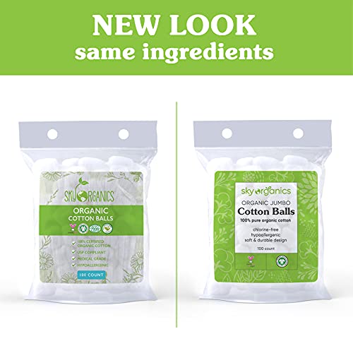 Sky Organics Organic Jumbo Baumwollbälle für empfindliche Haut, 100% reine GOTS zertifizierte Bio für Schönheit & Körperpflege, 300 ct.