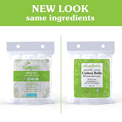 Sky Organics Organic Jumbo Baumwollbälle für empfindliche Haut, 100% reine GOTS zertifizierte Bio für Schönheit & Körperpflege, 300 ct.