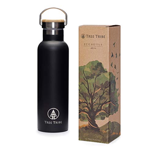 Baumstamm Schwarze Edelstahlflasche 567 g - Unzerstörbar, BPA-frei, 100% lecksicher, umweltfreundlich, Doppelwand isolierte Technologie für heiße und kalte Getränke, breiter Mund, Bambuskappe