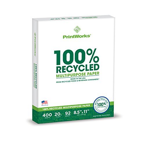 Druckereien 100 Prozent recyceltes Mehrzweckpapier, 20 Pfund, 92 Bright, 8,5 x 11 Zoll, 400 Blätter (00018), Weiß
