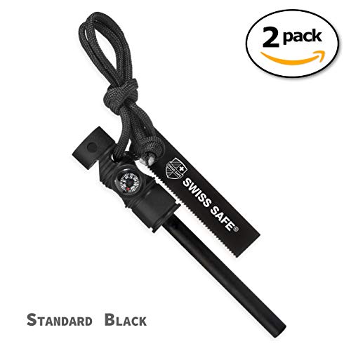 Swiss Safe 5-in-1 Fire Starter mit Kompass, Paracord und Pfeife (2-Pack) für Notfall-Überlebens-Kits, Camping, Wandern, Allwetter-Magnesium-Ferro-Rod (Schwarz)