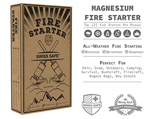 Swiss Safe 5-in-1 Fire Starter mit Kompass, Paracord und Pfeife (2-Pack) für Notfall-Überlebens-Kits, Camping, Wandern, Allwetter-Magnesium-Ferro-Rod (Schwarz)