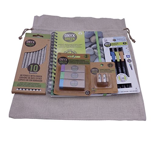 Recycled nachhaltige Materialien Green Eco Friendly School Supplies Kit - Stifte Bleistifte Löscher Sharpener und Steinpapier Notebook - mit einem natürlichen Burlap Tragetasche