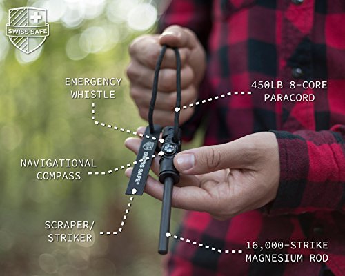 Swiss Safe 5-in-1 Fire Starter mit Kompass, Paracord und Pfeife (2-Pack) für Notfall-Überlebens-Kits, Camping, Wandern, Allwetter-Magnesium-Ferro-Rod (Schwarz)