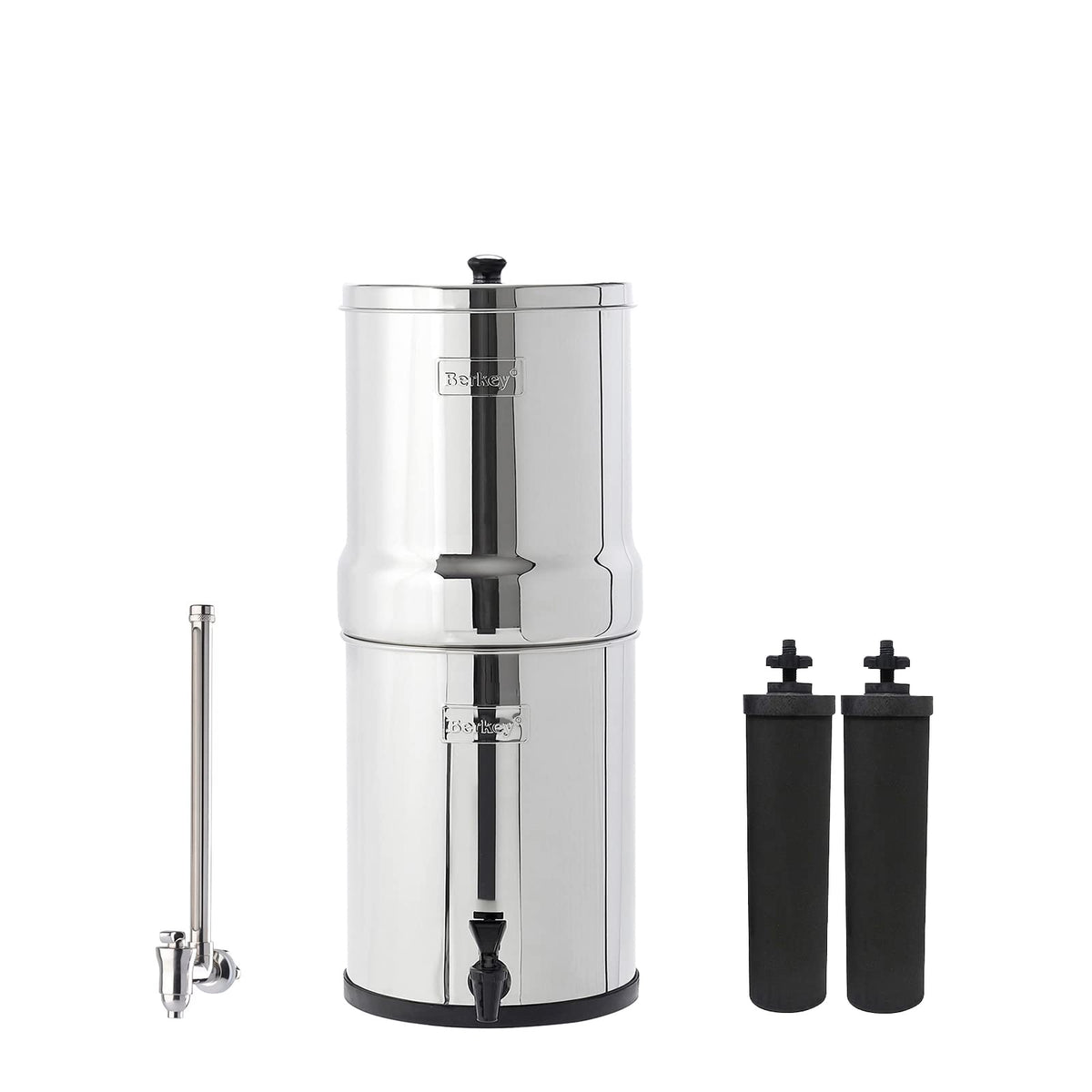 Royal Berkey Schwerkraft-gefüttertes Wasserfiltersystem mit 2 Black Berkey Elementen Plus Deluxe 10' Stainless Steel Berkey Water View Spigot