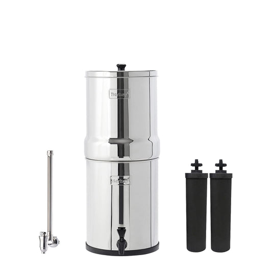 Royal Berkey Schwerkraft-gefüttertes Wasserfiltersystem mit 2 Black Berkey Elementen Plus Deluxe 10' Stainless Steel Berkey Water View Spigot