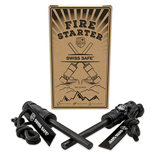 Swiss Safe 5-in-1 Fire Starter mit Kompass, Paracord und Pfeife (2-Pack) für Notfall-Überlebens-Kits, Camping, Wandern, Allwetter-Magnesium-Ferro-Rod (Schwarz)