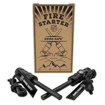 Swiss Safe 5-in-1 Fire Starter mit Kompass, Paracord und Pfeife (2-Pack) für Notfall-Überlebens-Kits, Camping, Wandern, Allwetter-Magnesium-Ferro-Rod (Schwarz)