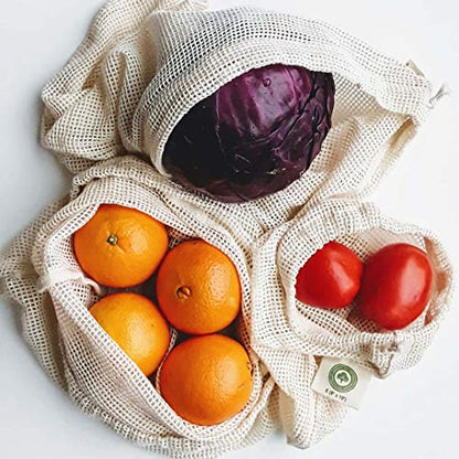 Mehrweg-Baumwolle Mesh Produzieren Taschen - 100% Bio-Baumwolle, haltbar, doppelt genäht, waschbar mit Tare Weight & Drawstring - Mesh-Taschen für Lebensmitteleinkauf, Gemüse & Obst | 6 Taschen (2L, 2M, 2S)