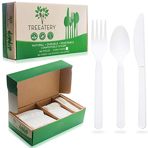 Baumpflege kompostierbares Besteck-Set - 380 Value Pack [180 Gabeln, 100 Löffel, 100 Messer] - Pflanzen Sie einen Baum mit jeder Box - Eco Friendly Compostable Utensils-BPI Certified Plant-Based Einweg-Silberwaren