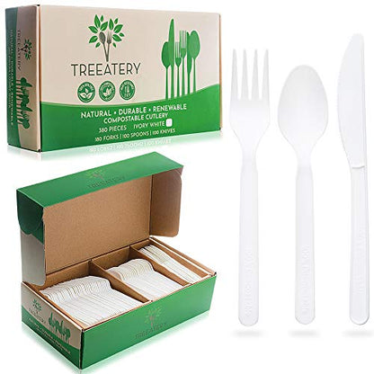 Baumpflege kompostierbares Besteck-Set - 380 Value Pack [180 Gabeln, 100 Löffel, 100 Messer] - Pflanzen Sie einen Baum mit jeder Box - Eco Friendly Compostable Utensils-BPI Certified Plant-Based Einweg-Silberwaren
