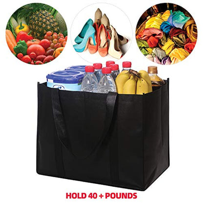 Set von 10 wiederverwendbaren Lebensmittelbeuteln Extra große faltbare schwere Duty Shopping Tote produzieren Tasche mit verstärkten Griffen, schwarz