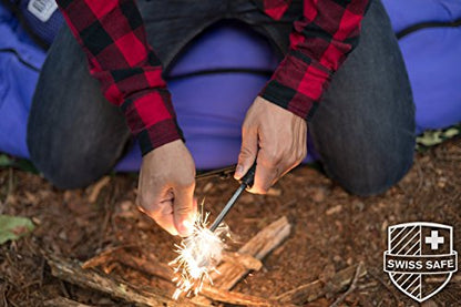 Swiss Safe 5-in-1 Fire Starter mit Kompass, Paracord und Pfeife (2-Pack) für Notfall-Überlebens-Kits, Camping, Wandern, Allwetter-Magnesium-Ferro-Rod (Schwarz)