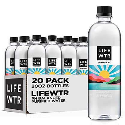 LIFEWTR Premium Gereinigtes Wasser, pH-Balance mit Elektrolyten, 100% recycelte Plastikflaschen, 591 ml (Paket von 20), Verpackung kann variieren