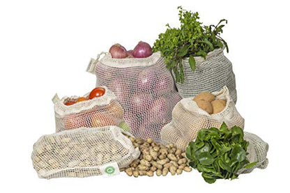 Mehrweg-Baumwolle Mesh Produzieren Taschen - 100% Bio-Baumwolle, haltbar, doppelt genäht, waschbar mit Tare Weight & Drawstring - Mesh-Taschen für Lebensmitteleinkauf, Gemüse & Obst | 6 Taschen (2L, 2M, 2S)