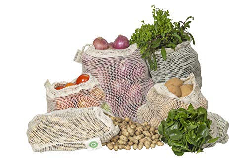 Mehrweg-Baumwolle Mesh Produzieren Taschen - 100% Bio-Baumwolle, haltbar, doppelt genäht, waschbar mit Tare Weight & Drawstring - Mesh-Taschen für Lebensmitteleinkauf, Gemüse & Obst | 6 Taschen (2L, 2M, 2S)