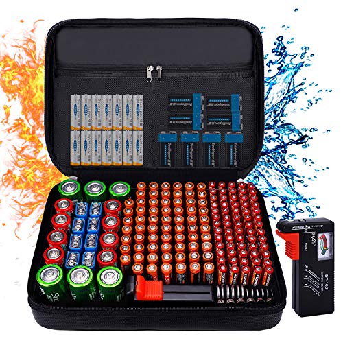 Feuerfeste Batterie Organizer Lagergehäuse wasserdicht & explosionsgeschützt, Safe Bag Fits 210+ Batterien Gehäuse - mit Tester BT-168, Tragen Container Bag Energy Batterien AA AAA C D 9V Iithium 3V Holder