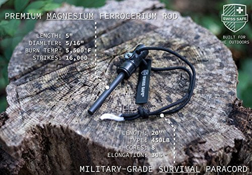 Swiss Safe 5-in-1 Fire Starter mit Kompass, Paracord und Pfeife (2-Pack) für Notfall-Überlebens-Kits, Camping, Wandern, Allwetter-Magnesium-Ferro-Rod (Schwarz)