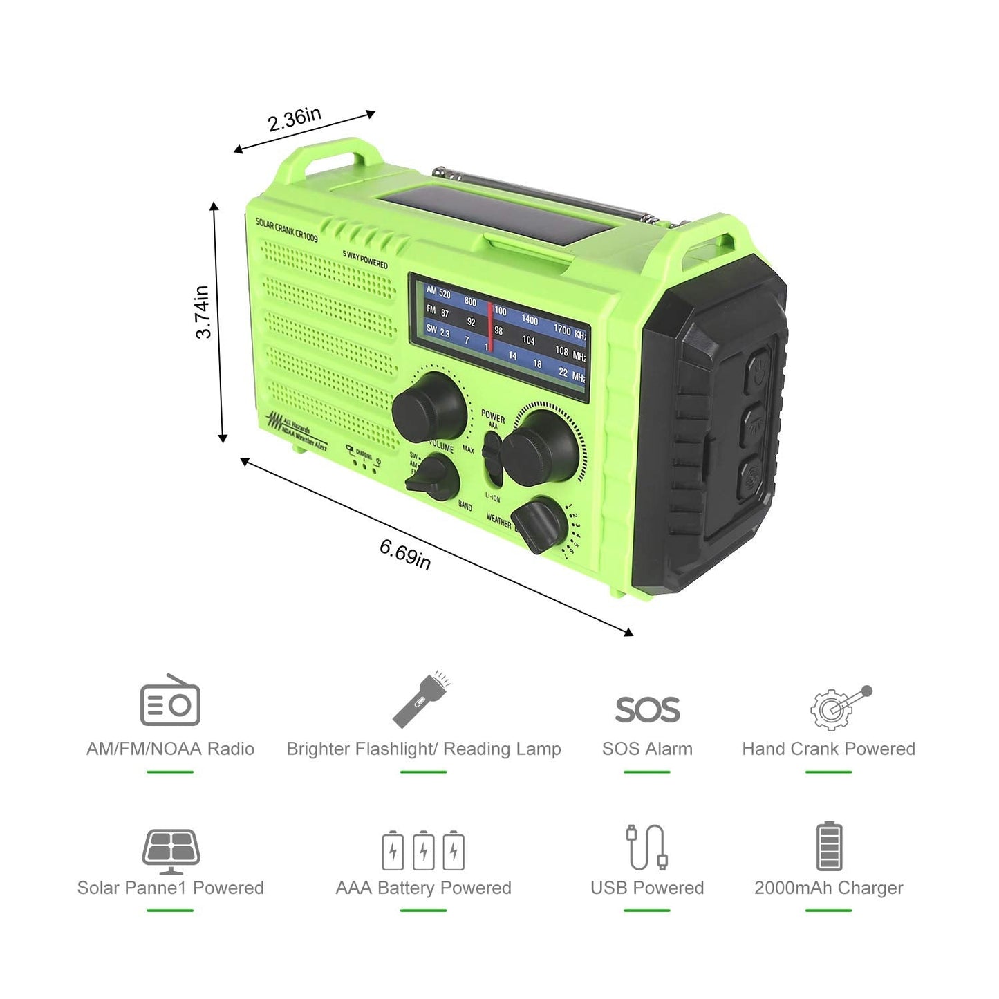OnLyee Hand Crank Radio, Notfall Wetter Solar tragbare Radio 5-Wege Wetter Radio AM / FM / SW / NOAA Wetter Radio mit LED-Taschenlampe, Leselampe, 2000mAh Power Bank USB-Ladegerät, SOS Alarm und