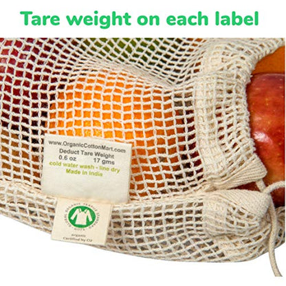 Mehrweg-Baumwolle Mesh Produzieren Taschen - 100% Bio-Baumwolle, haltbar, doppelt genäht, waschbar mit Tare Weight & Drawstring - Mesh-Taschen für Lebensmitteleinkauf, Gemüse & Obst | 6 Taschen (2L, 2M, 2S)