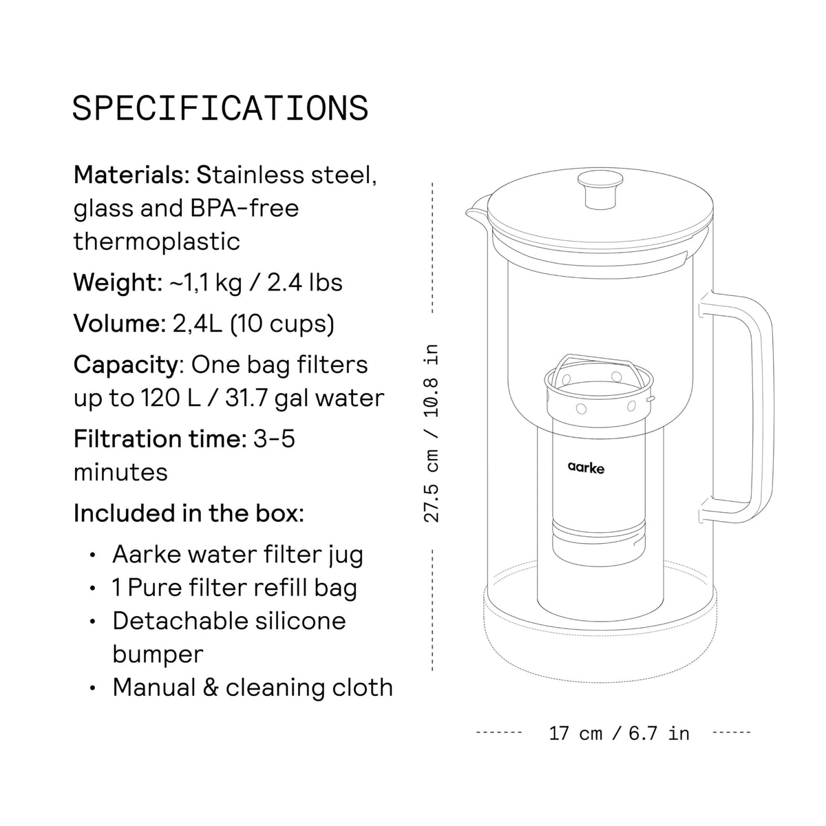 Aarke Purifier Glas Wasser-Pitcher mit nachfüllbarem Edelstahlfilter