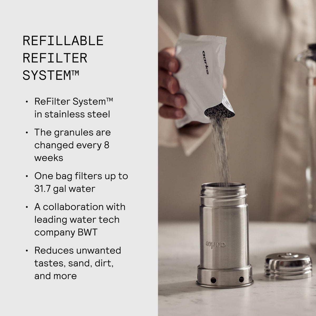 Aarke Purifier Glas Wasser-Pitcher mit nachfüllbarem Edelstahlfilter