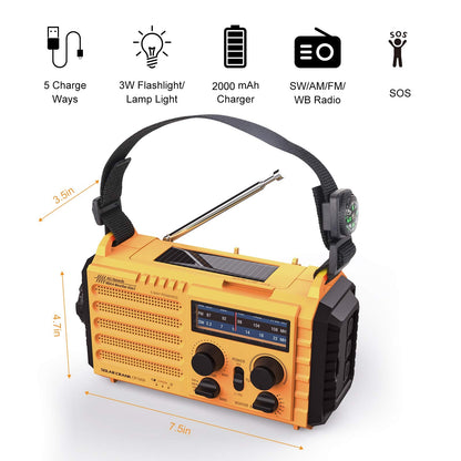 Wetter Radio Raynic Solar Hand Crank Emergency Radio 5 Möglichkeiten angetrieben AM / FM / SW / NOAA Wetter Alarm tragbares Radio mit Taschenlampe, Leselampe, Handy-Ladegerät und SOS-Alarm (gelb)
