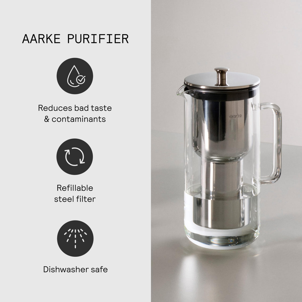 Aarke Purifier Glas Wasser-Pitcher mit nachfüllbarem Edelstahlfilter