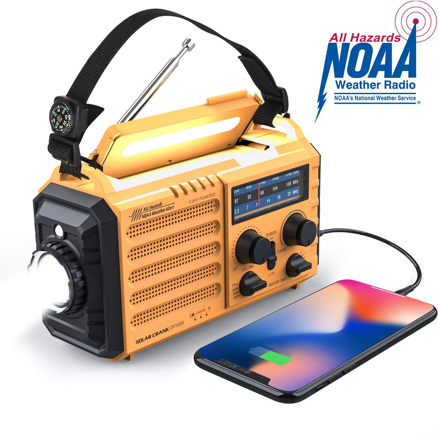 Wetter Radio Raynic Solar Hand Crank Emergency Radio 5 Möglichkeiten angetrieben AM / FM / SW / NOAA Wetter Alarm tragbares Radio mit Taschenlampe, Leselampe, Handy-Ladegerät und SOS-Alarm (gelb)