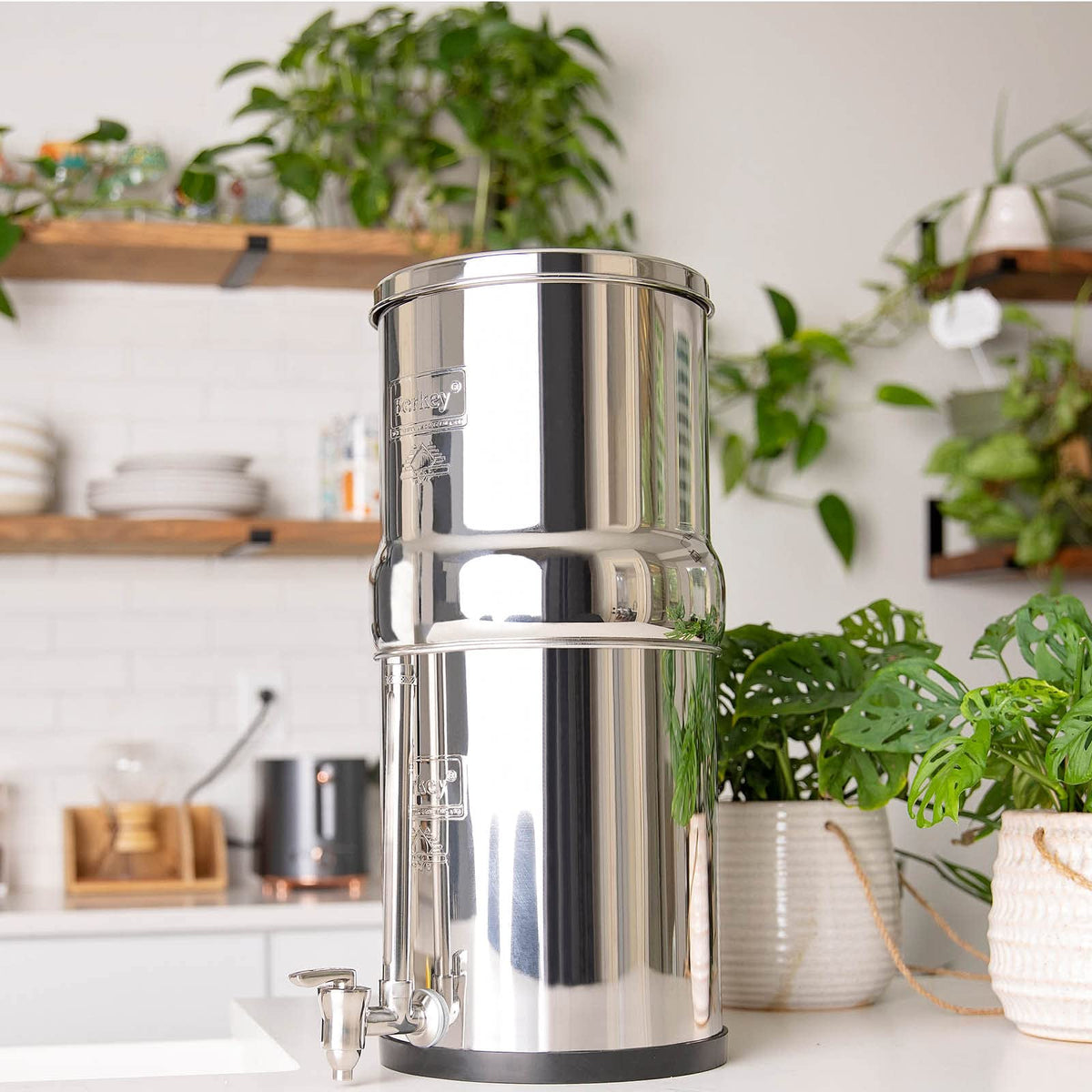 Royal Berkey Schwerkraft-gefüttertes Wasserfiltersystem mit 2 Black Berkey Elementen Plus Deluxe 10' Stainless Steel Berkey Water View Spigot