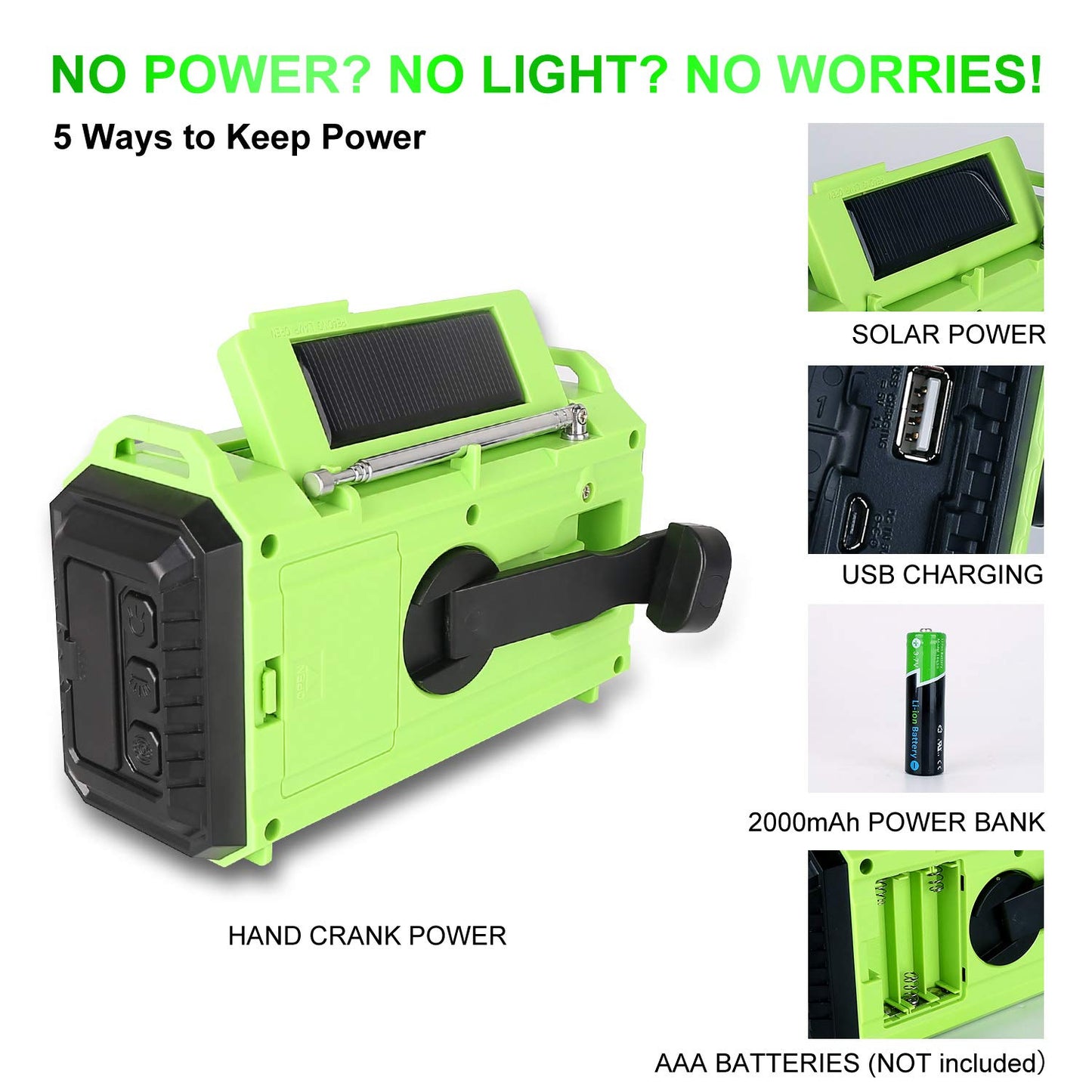 OnLyee Hand Crank Radio, Notfall Wetter Solar tragbare Radio 5-Wege Wetter Radio AM / FM / SW / NOAA Wetter Radio mit LED-Taschenlampe, Leselampe, 2000mAh Power Bank USB-Ladegerät, SOS Alarm und