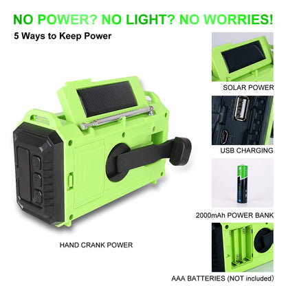 OnLyee Hand Crank Radio, Notfall Wetter Solar tragbare Radio 5-Wege Wetter Radio AM / FM / SW / NOAA Wetter Radio mit LED-Taschenlampe, Leselampe, 2000mAh Power Bank USB-Ladegerät, SOS Alarm und