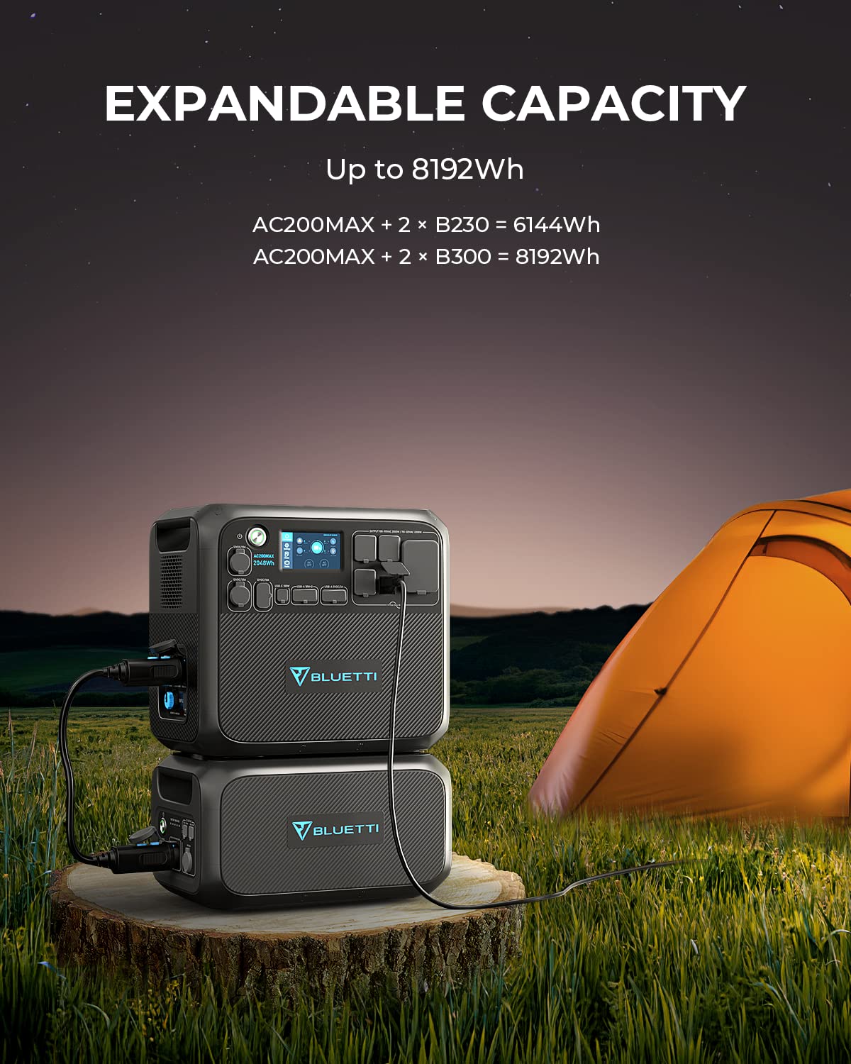BLUETTI Portable Power Station AC200MAX, 2048Wh Solargenerator Erweiterbar auf 8192Wh, 5 2200W AC Outlets, LiFePO4 Batterie für Camping, Notfall