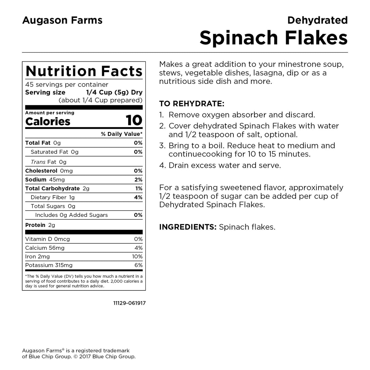 Augason Farms Dehydrierte Spinatflocken 227 g Nr. 10 Can