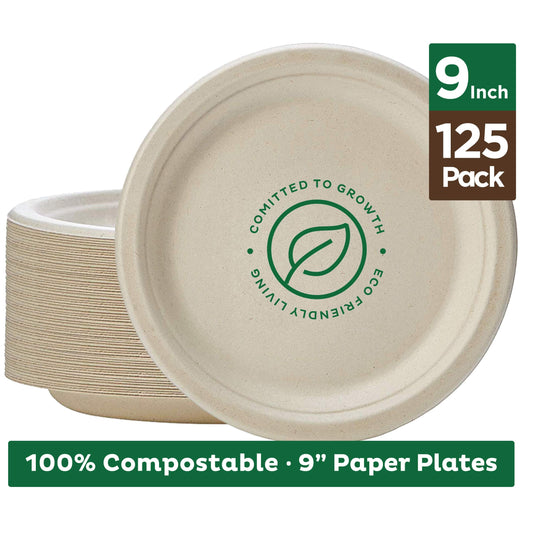 Stapelmann 100% kompostierbare 9' Papierplatten [125-Pack] Schwere umweltfreundlich aus Zuckerrohr