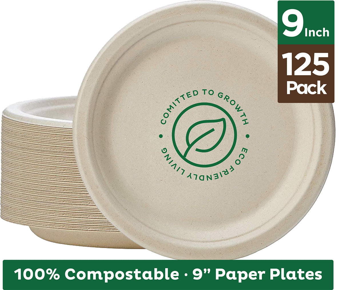 Stapelmann 100% kompostierbare 9' Papierplatten [125-Pack] Schwere umweltfreundlich aus Zuckerrohr