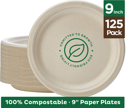 Stapelmann 100% kompostierbare 9' Papierplatten [125-Pack] Schwere umweltfreundlich aus Zuckerrohr