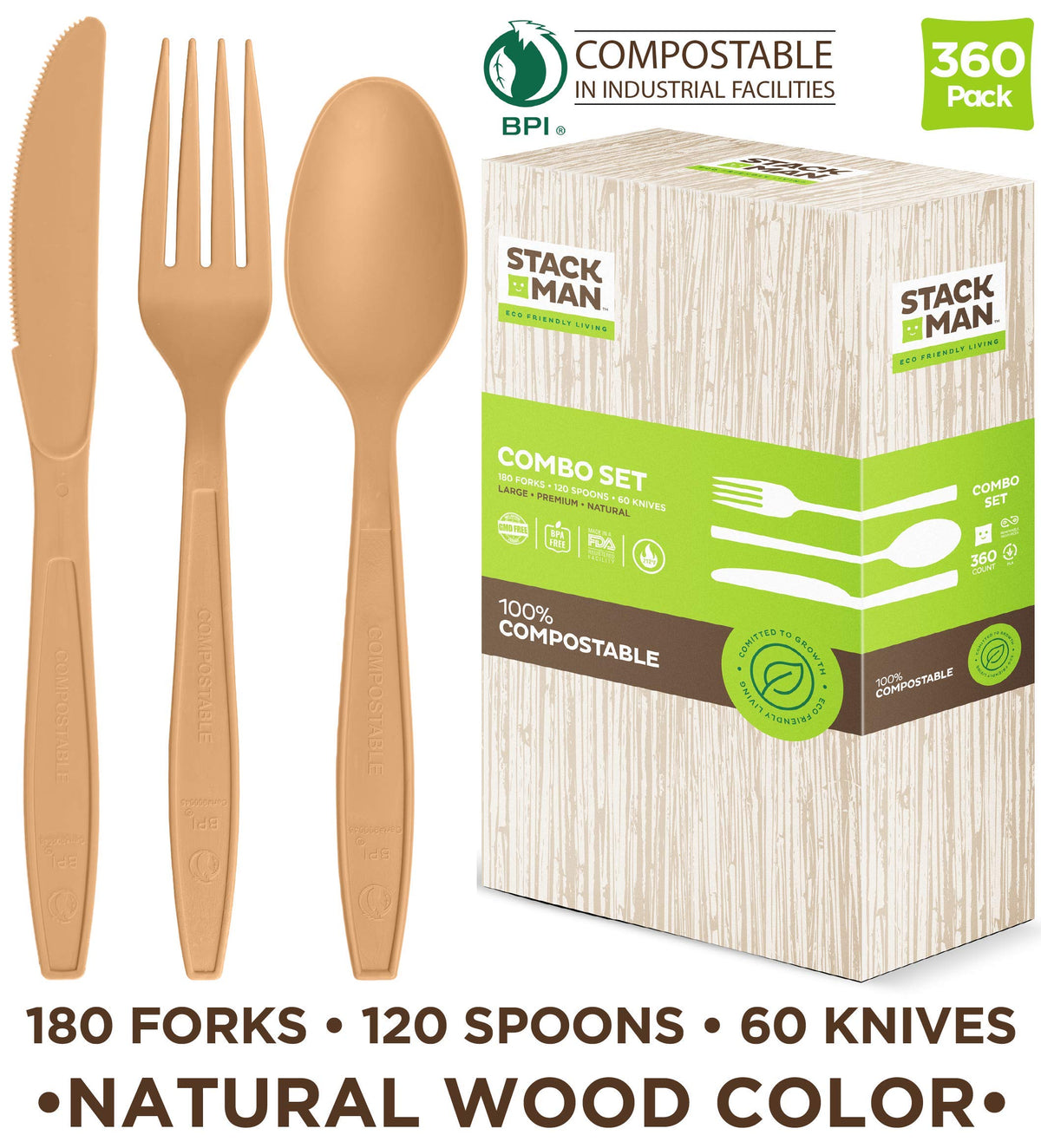 Stapel Mann Einwegbesteck-Set [360 Packung] 100% kompostierbare Kunststoff-Silberwaren