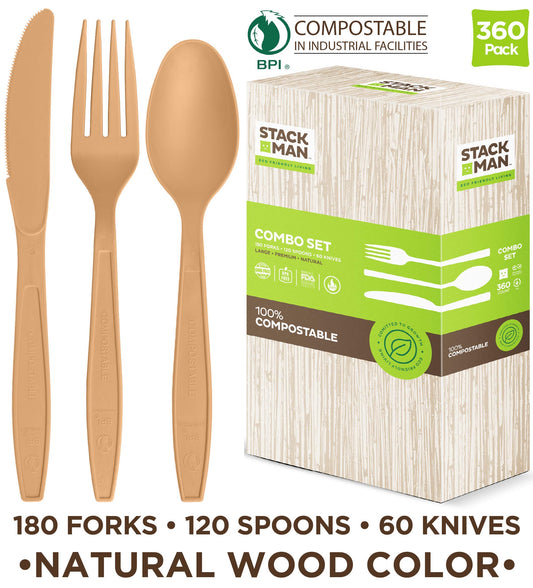 Stapel Mann Einwegbesteck-Set [360 Packung] 100% kompostierbare Kunststoff-Silberwaren