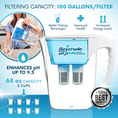 Seychelle pH2O Alkalischer Wasserfilter-Pitcher - pH-Verbesserung der Filtration - 200 Gallonen Kapazität - USA-Hergestellter Filter, BPA-frei, 1814 g